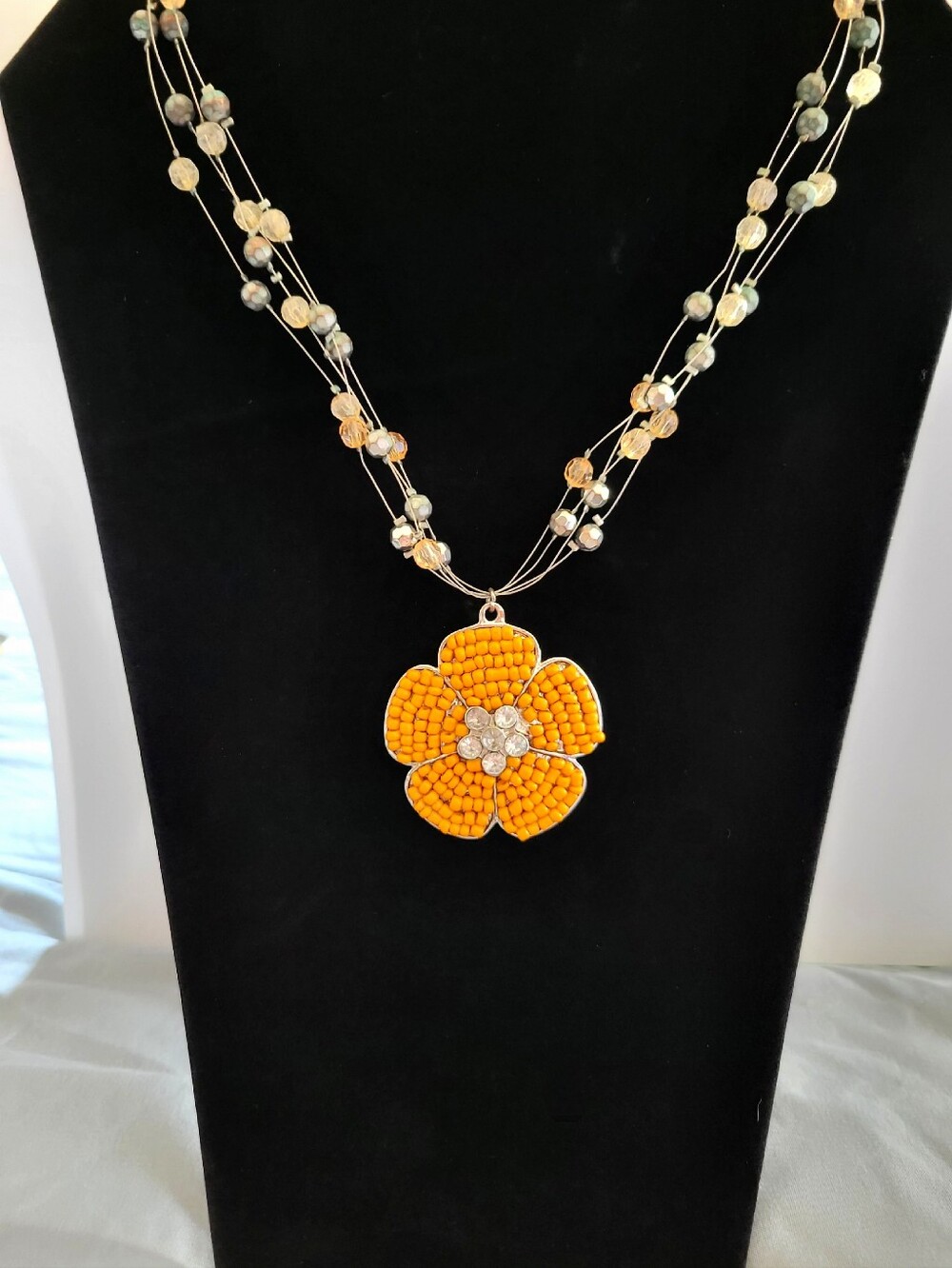 Boho Chic Orange Beaded Flower Statement Necklace